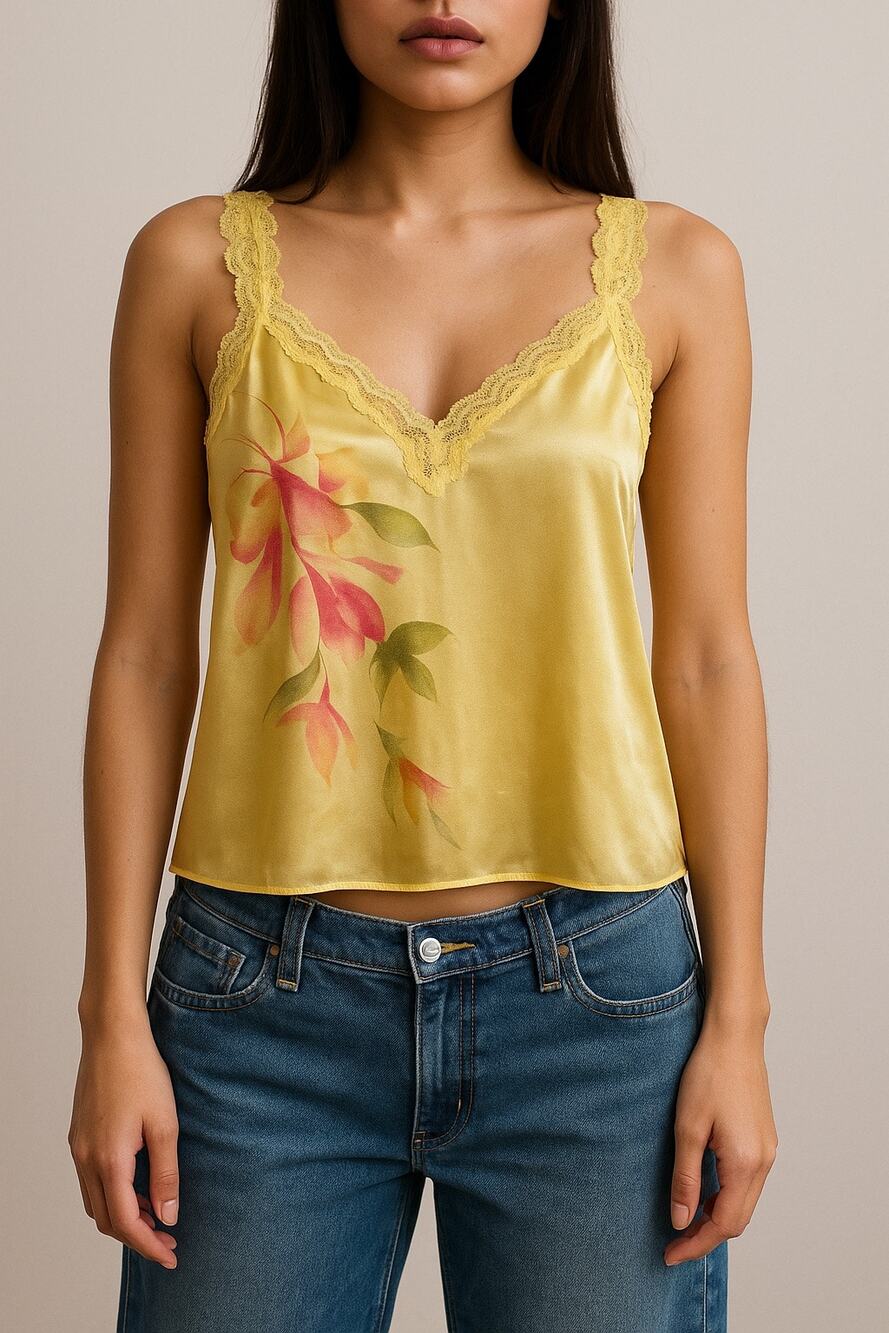 Y2K Valerie Stevens Satin Lace Trim Butter Yellow Floral Intimate Tank Size L